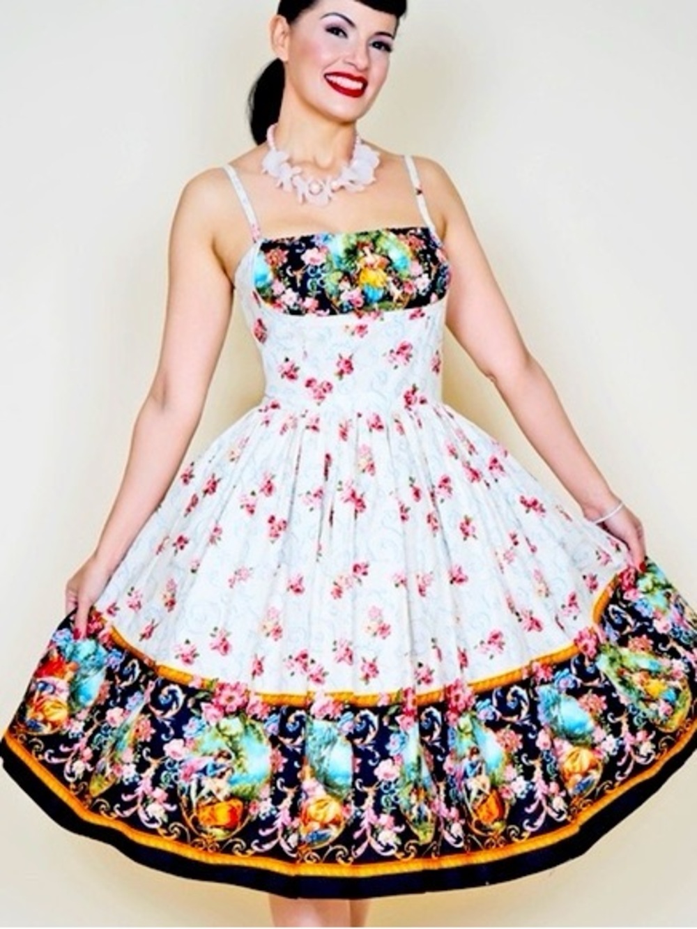 Bernie Dexter Paris Dress in Cream Manor Print French Baroque Pinup Medium